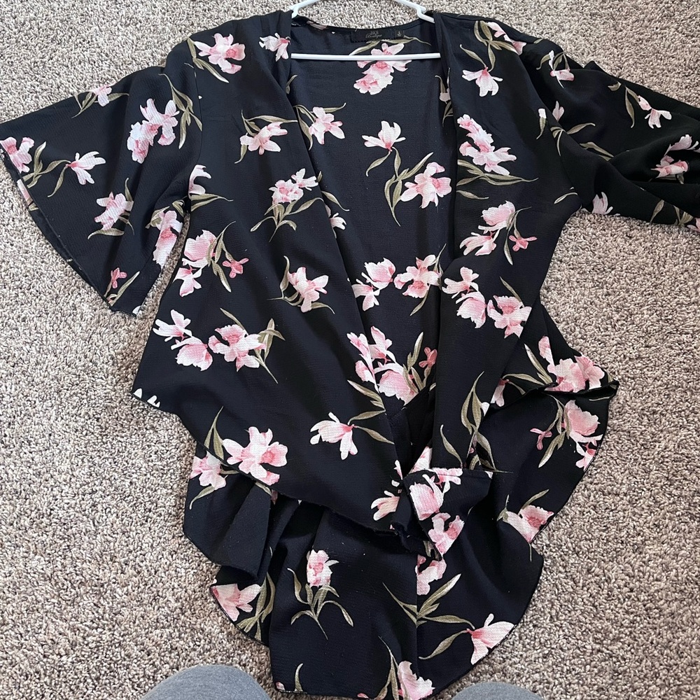 Black floral open front sheer sweater